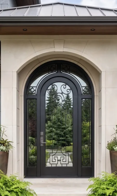 Arista B2068 – Custom Arched Exterior Wood Door with Dual Sidelights & Decorative Iron Glass