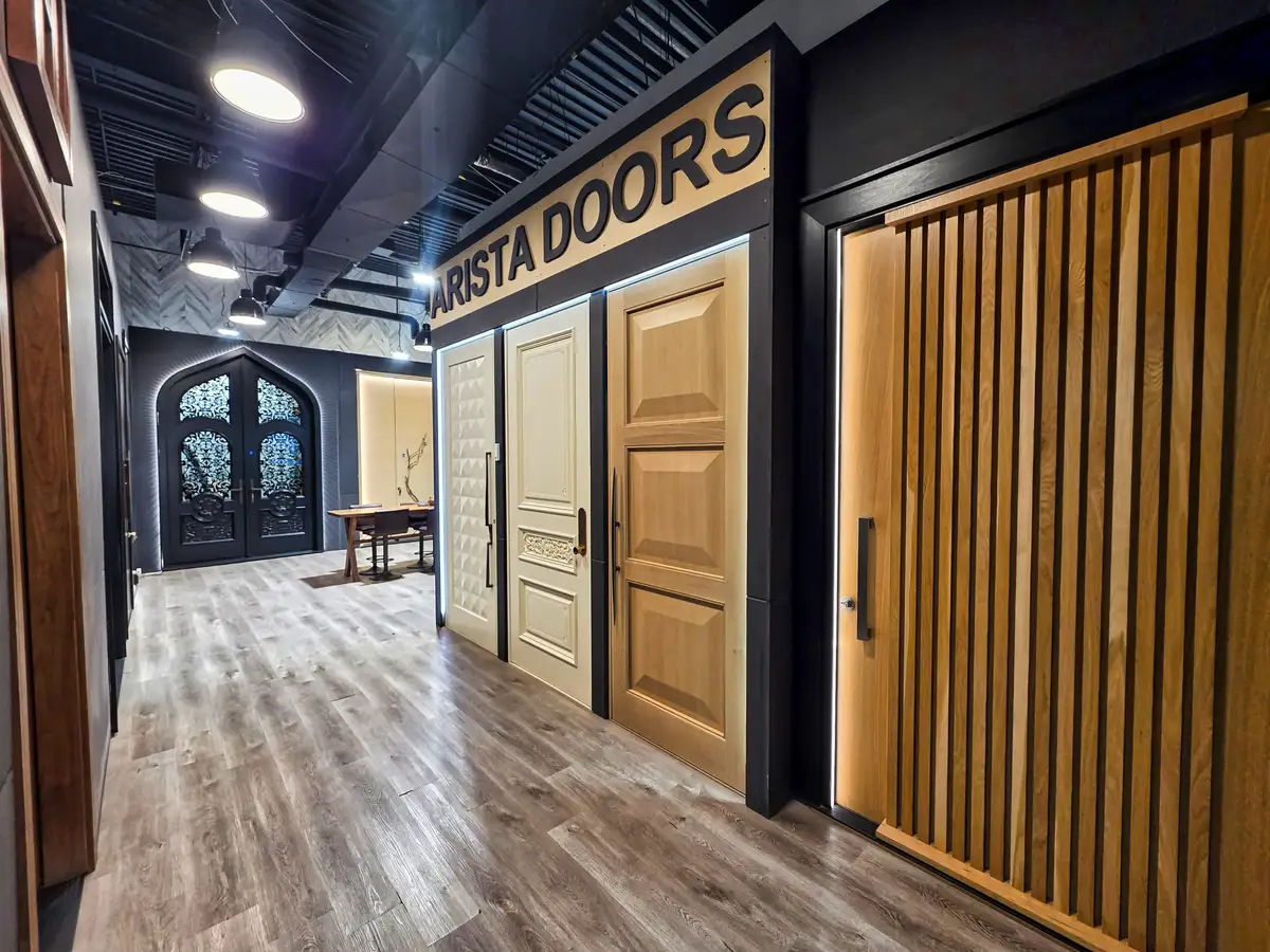 Door wall display at Arista Doors showroom